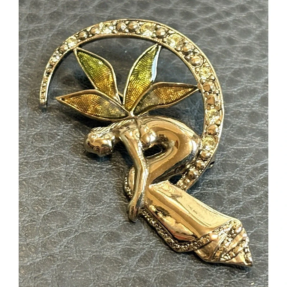 Vintage Brooch Pin Fairy on Crescent Moon Gold Tone Enamel Rhinestone Celestial